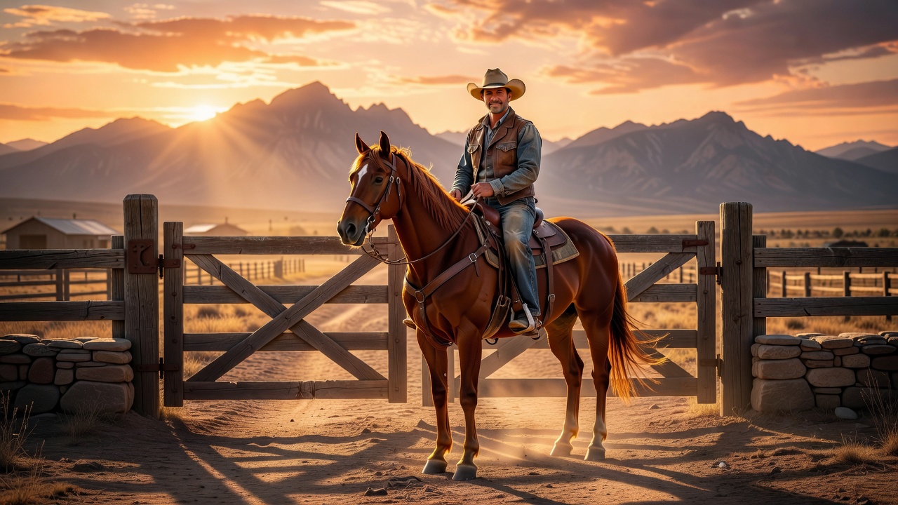 Cinematic view of a confident cowboy and his horse at a large ranch entrance with mountain landscape and golden sunset