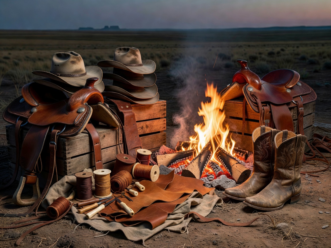 Cowboy heritage items including saddles, hats, boots, and leather craftsmanship by a campfire