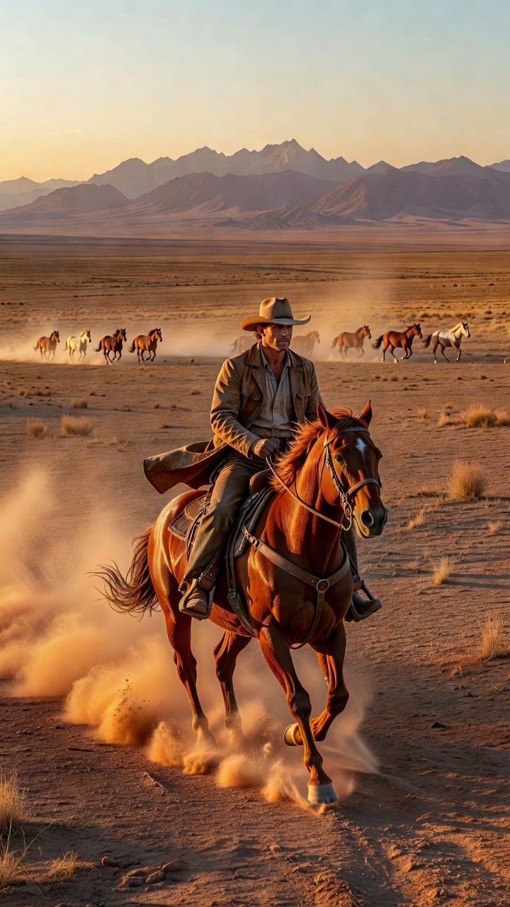 Cowboy riding through open plains with dust trails, horses, and mountains in the background