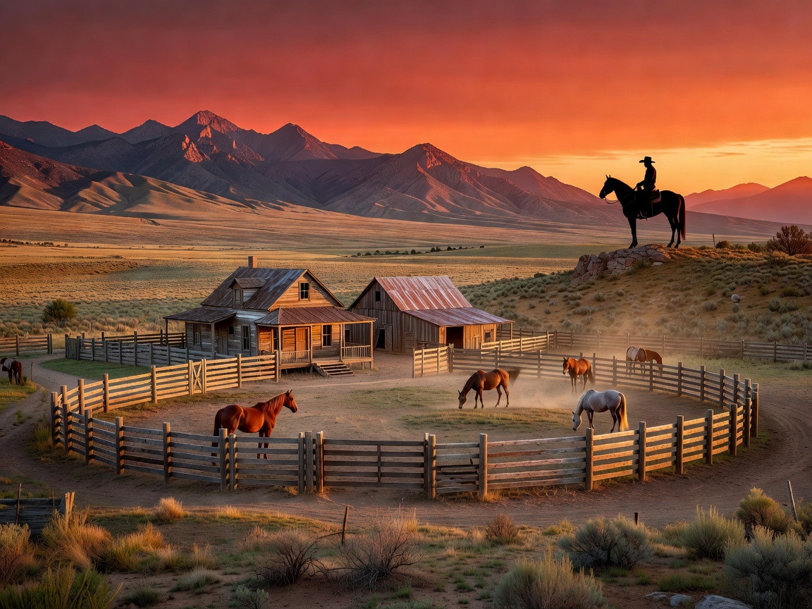 Panoramic western landscape featuring a ranch, horses, mountains, wooden fences, and a cowboy silhouette