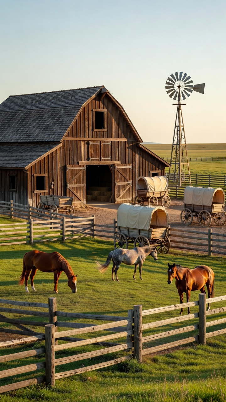 Premium western ranch with a wooden barn, grazing horses, wagons, windmill, and rustic fences