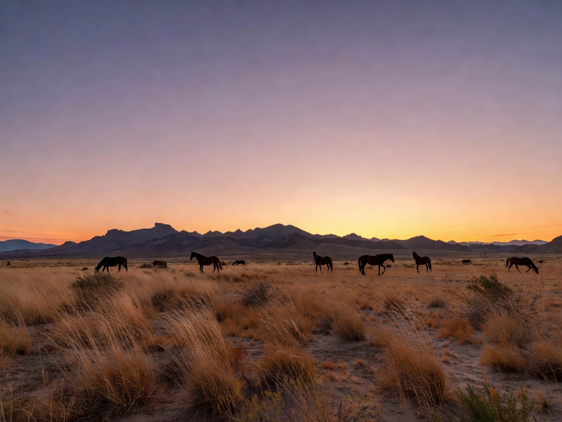 Subtle panoramic sunset showing a ranch skyline with horse silhouettes, mountains, and desert grass